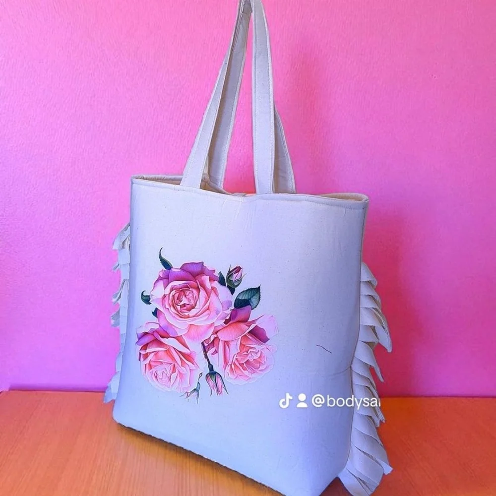 Chic Ruffled Tote Bag with Pink Floral Design